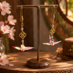 Boucles d’oreilles grues en origami beige et rose, modèle Izumi ichi
