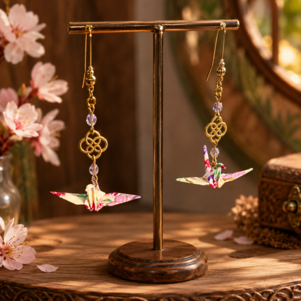 Boucles d’oreilles grues en origami beige et rose, modèle Izumi ichi