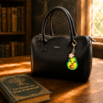 Porte-clé et bijou de sac soré Pixel art en perles thermocollés Avoki l'avocat avec sa fleur de cerisier utilisé en bijou de sac sur un sac à main noir classique.