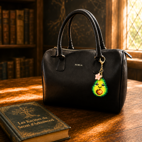 Porte-clé et bijou de sac soré Pixel art en perles thermocollés Avoki l'avocat avec sa fleur de cerisier utilisé en bijou de sac sur un sac à main noir classique.