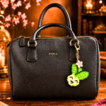 Porte-clé doré en Pixel art Pakou le pak choi en perles thermocollantes avec sa fleur de cerisier rose utilisé en bijou de sac sur un sac à main noir classique.