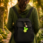 Porte-clé doré en Pixel art Pakou le pak choi en perles thermocollantes avec sa fleur de cerisier rose utilisé en bijou de sac sur un sac à dos noir classique.