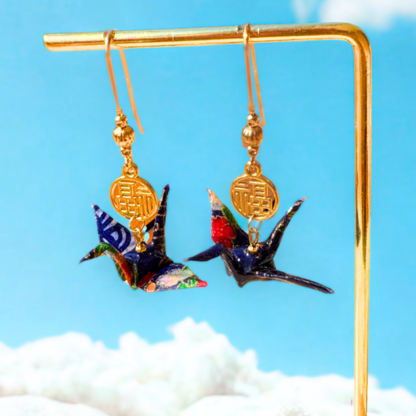 Boucles d’oreilles grues en origami bleu foncé, modèle Izumi go