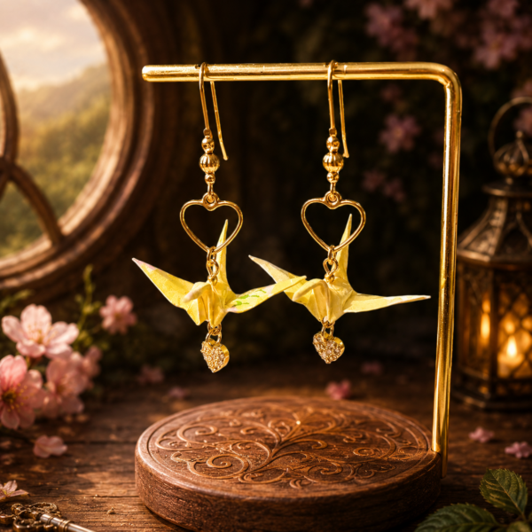 Boucles d’oreilles grues en origami jaune avec un coeur en strass, modèle Izumi hachi