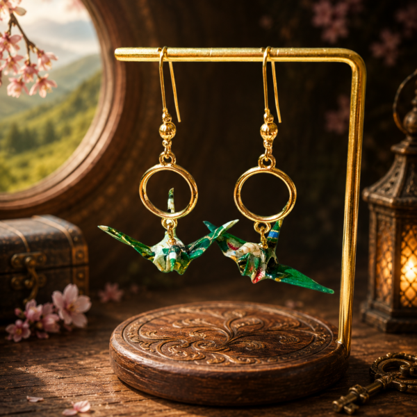 Boucles d’oreilles grues en origami vert et blanc avec un connecteur rond doré, modèle Izumi jû-ichi
