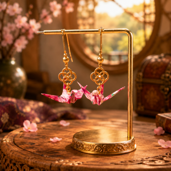 Boucles d’oreilles grues en origami jaune et bleu clair avec un connecteur motif nœud doré, modèle Izumi jû-san