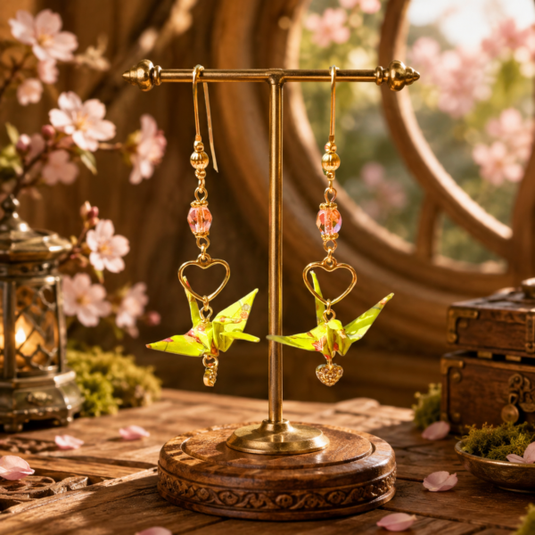 Boucles d’oreilles grues en origami vert et rose avec un coeur et une perle corail, modèle Izumi jû