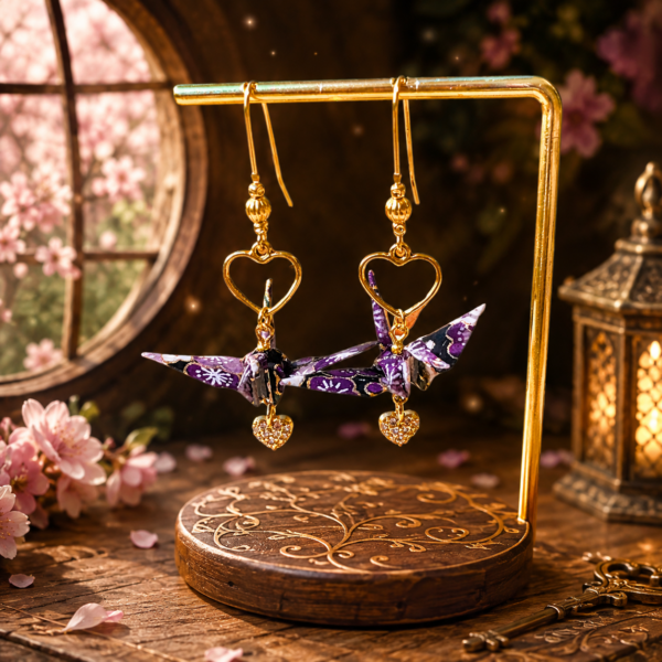 Boucles d’oreilles grues en origami violet et noir un coeur en strass, modèle Izumi kyû