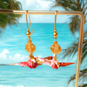 Boucles d’oreilles grues en origami rose et rouge, modèle Izumi yon