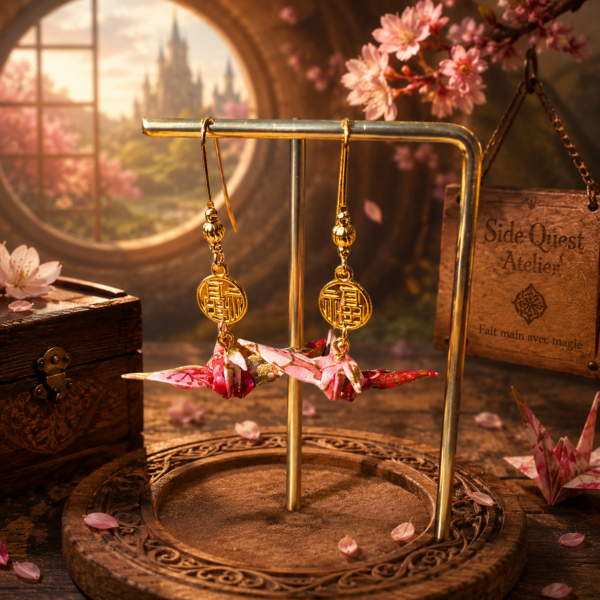 Boucles d’oreilles grues en origami rose et rouge, modèle Izumi yon