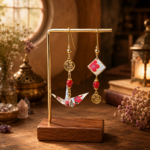 Boucles d’oreilles asymétriques grue en origami et carré doré rouge et bleu avec une perle en verre rouge, modèle Izumi jû-kyû