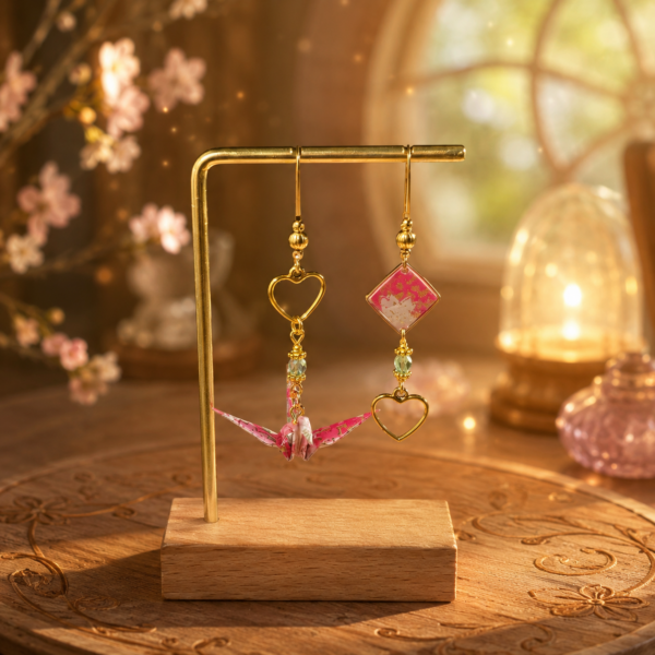 Boucles d’oreilles asymétriques grue en origami et carré doré rose fuchsia et vert avec une perle en verre vert clair, modèle Izumi jû-nana