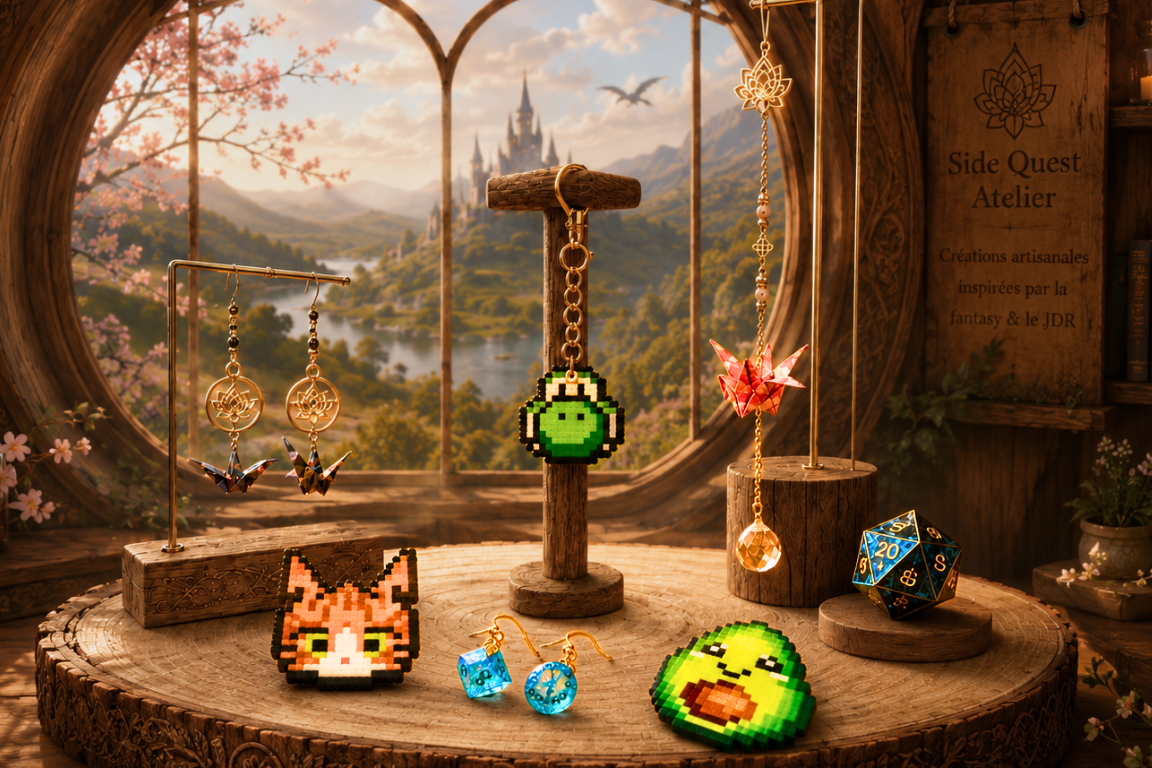 Présentation de créations artisanales Side Quest Atelier dans une échoppe fantasy en bois