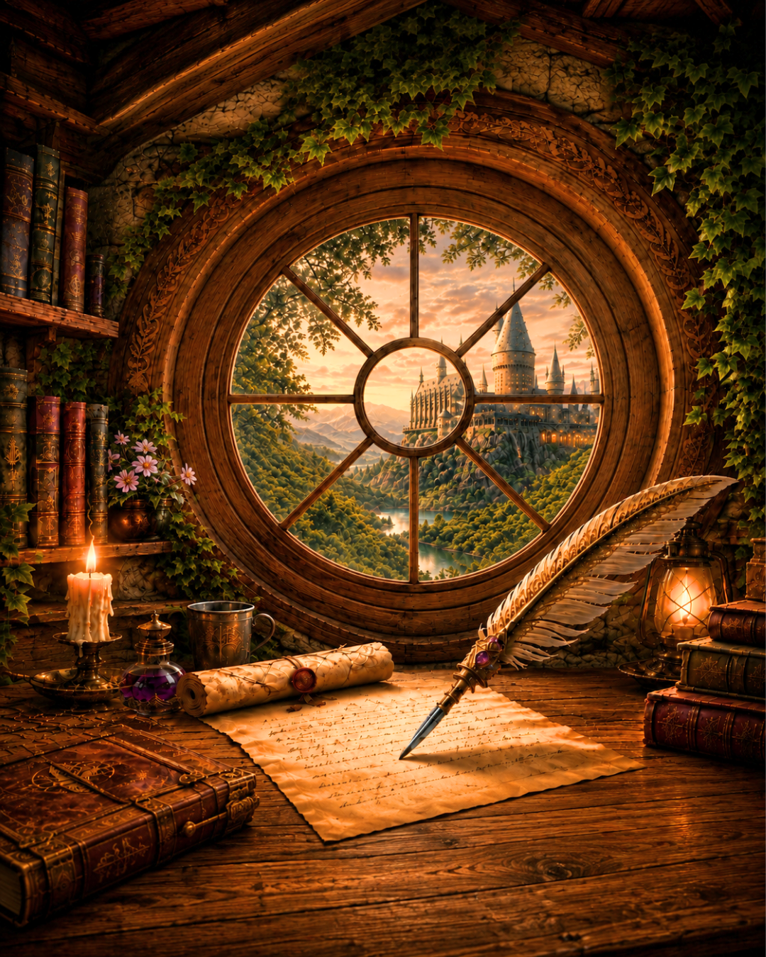 Bureau fantasy avec une plume et une lettre dans l'univers du Side Quest Atelier