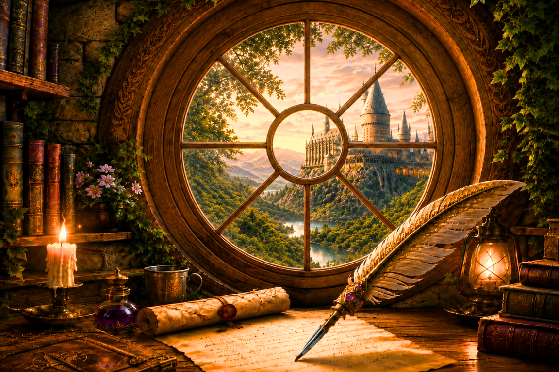 Bureau fantasy avec une plume et une lettre dans l'univers du Side Quest Atelier