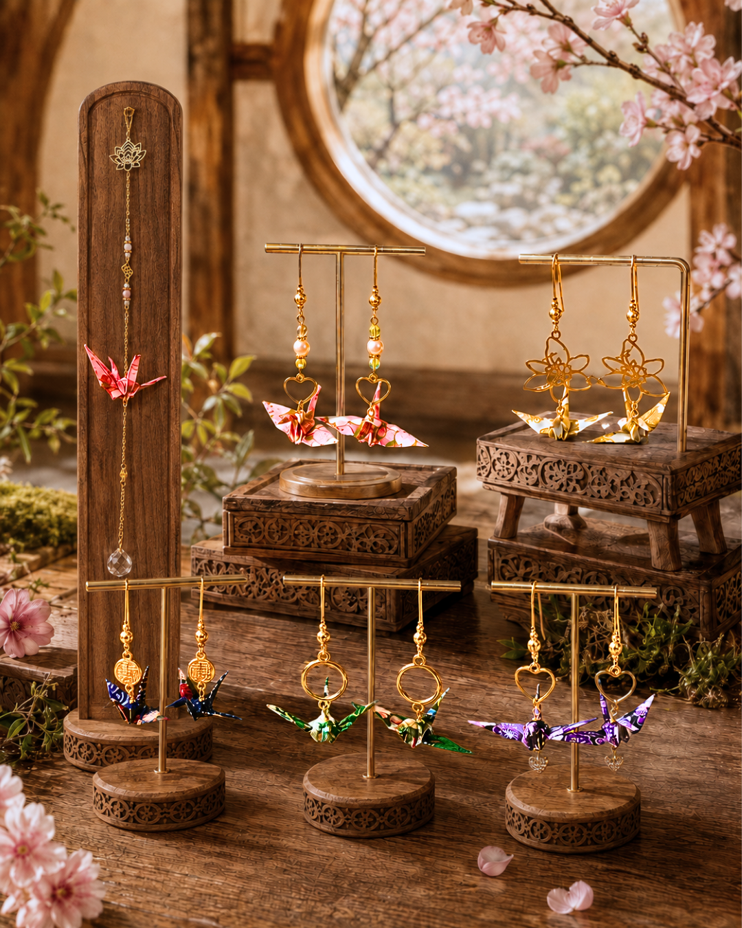 Echoppe du side quest atelier, univers origami avec des boucles d'oreilles en origami et des suspensions suncatcher avec origami