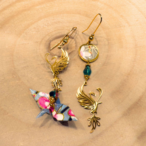 Phénix asymétriques, modèle 2, boucles d'oreilles origami, details