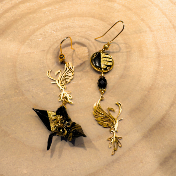 Phénix asymétriques, modèle 4, boucles d'oreilles origami, details
