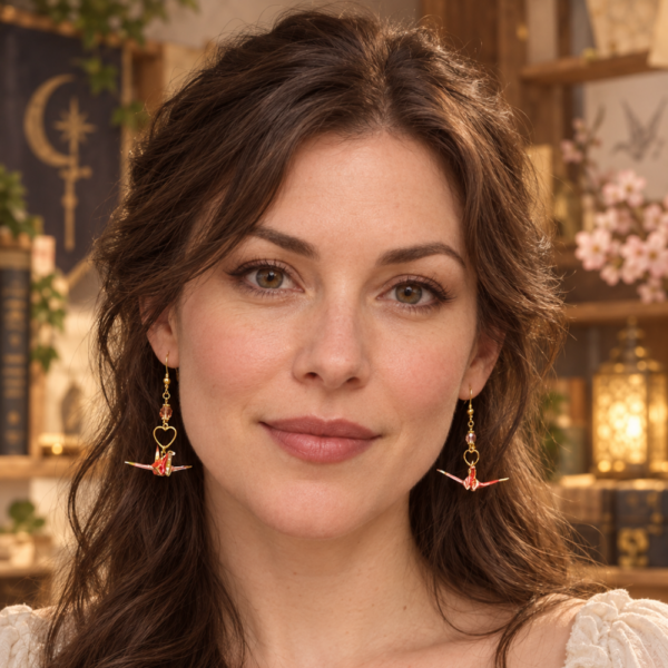 Boucles d'oreilles origami, rose et perles corail, portées par un modèle généré par IA.