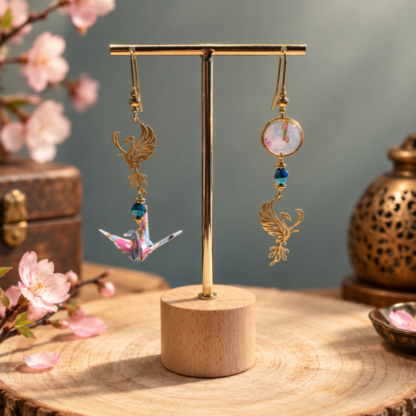 Phénix asymétriques, modèle 2, boucles d'oreilles origami, grue bleu et rose, perles bleu pétrole, cercle.