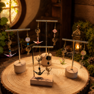 Boucles d'oreilles origami, phénix asymétriques, présentation des produits