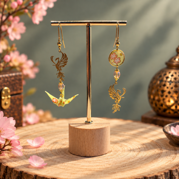 Phénix asymétriques, modèle 3, boucles d'oreilles origami, grue vert pomme et rose, perles corail, cercle.