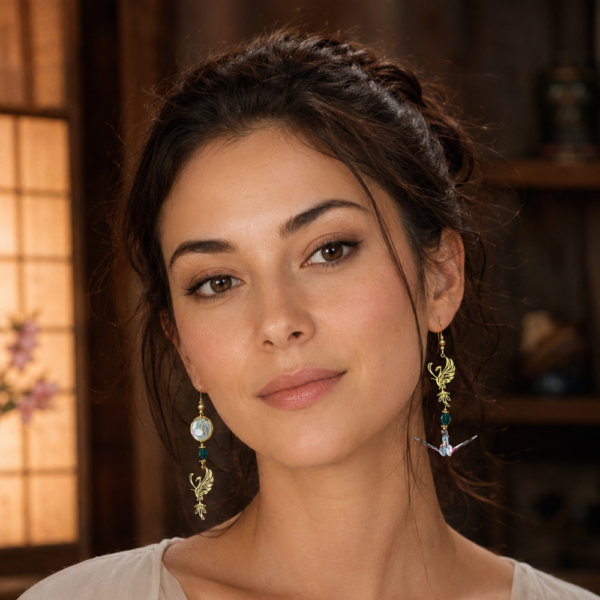 Boucles d'oreilles en origami, phénix asymétriques, cerle, bleu et rose, perles bleu pétrole, portées par un modèle généré par IA.