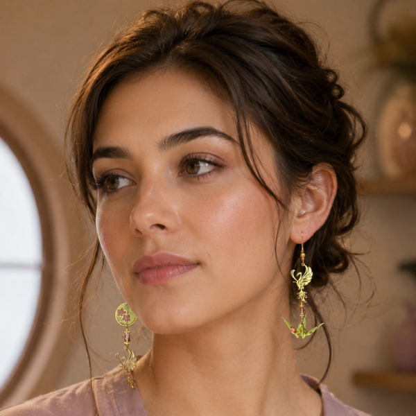 Boucles d'oreilles en origami, phénix asymétriques, cercle, vert pomme et rose, perles corail, portées par un modèle généré par IA.
