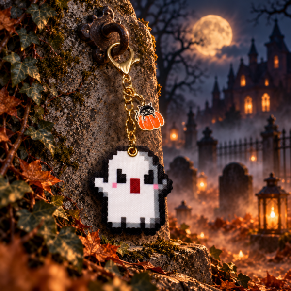 Porte clé pixel art fantôme faché grumpy ghost, fused beads, perles thermocollantes, avec charme chat noir et citrouille, collection halloween.