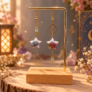 Boucles d'oreilles Lucky stars en origami, asymétriques avec un carré doré, couleurs bleu, rose avec une touche de blanc et de doré, perles en verre bleu ciel.