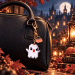 Porte clé pixel art fantôme faché grumpy ghost, fused beads, perles thermocollantes, avec charme chat noir et citrouille, collection halloween, utilisé sur un sac.