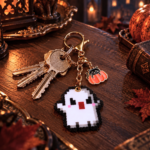 Porte clé pixel art fantôme faché grumpy ghost, fused beads, perles thermocollantes, avec charme chat noir et citrouille, collection halloween, utilisé en porte-clés.