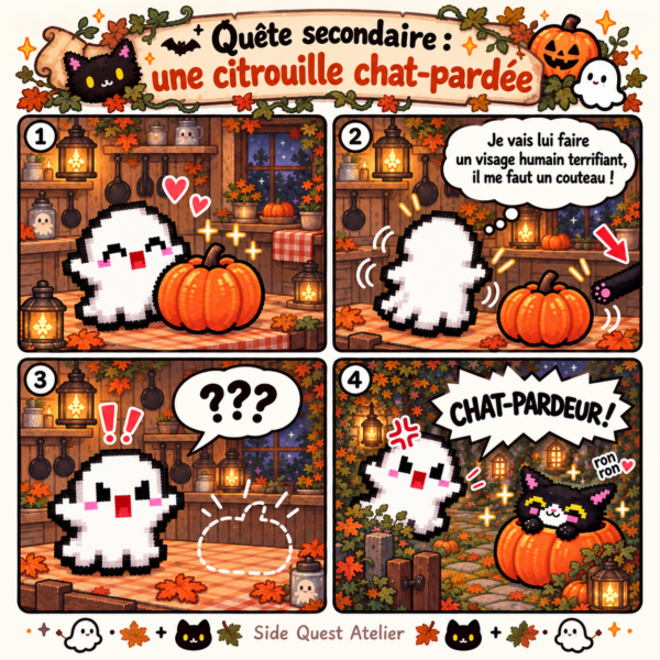 BD pixel art, le fantôme se fait voler sa citrouille par un char noir chat-pardeur