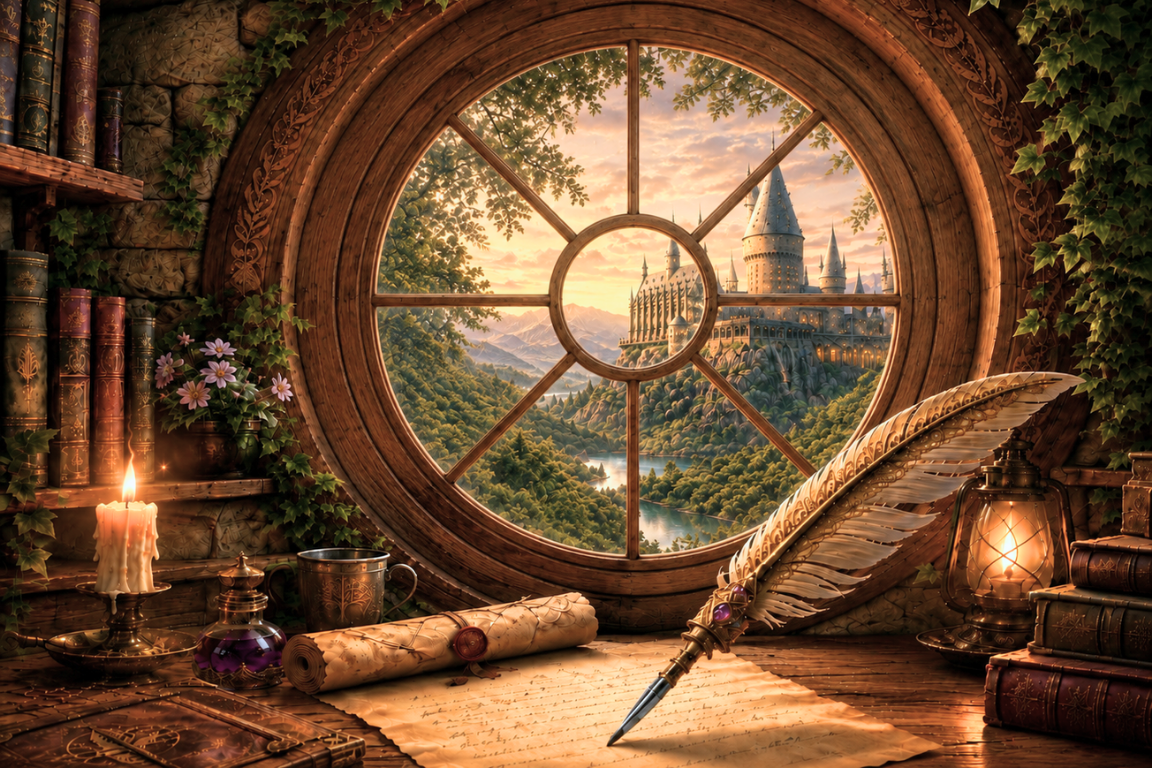 Bureau fantasy avec une plume et une lettre dans l'univers du Side Quest Atelier
